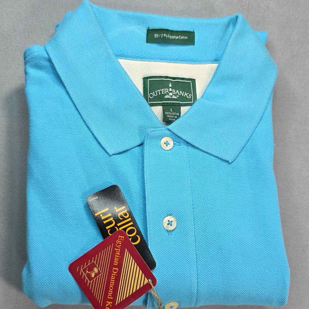 Outer Banks Mens Turquoise Blue Egyptian Cotton Polo Shirt L No Curl Collar NWT*
